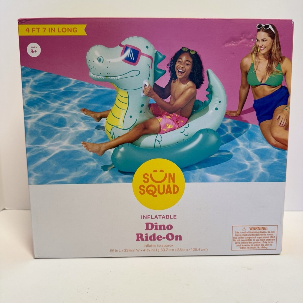 Sun Squad Inflatable Dino Ride Pool On Float‎ 4ft 7in (55"x33.5") Giant Dinosaur